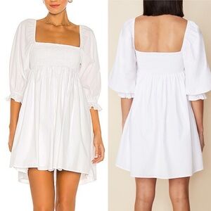 Faithfull the Brand Arles Smocked Puff Sleeve Mini Dress White Sz 6